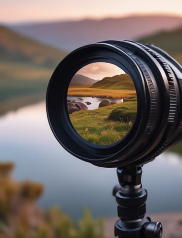 A close-up of a camera lens reflecting a beautiful landscape.