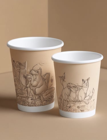 An outdoor cafe scene with customers enjoying drinks served in stylish paper cups.