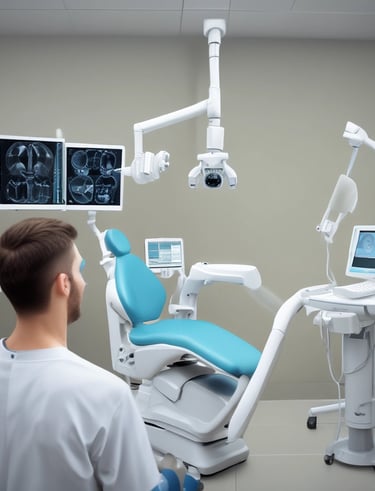 A dental office sign with a large toothbrush and oversized teeth protrudes from the side of a brick building. Above the sign, a mannequin styled like a trapeze artist swings from a trapeze bar, adding a whimsical element to the scene. The sky is overcast, and the building facade features various textures such as metal and stone.