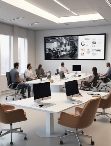 A team brainstorming session with laptops and digital tools in a modern workspace.