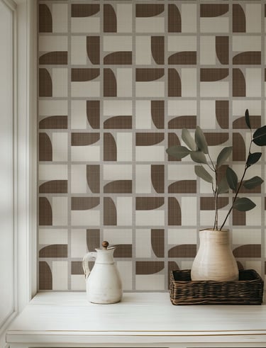 Warm earthy geometric wallpaper with a mid-century grid pattern in brown and beige tones,