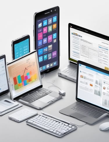 A robot with a humanoid shape and bright blue lights for eyes stands on a wooden surface. It is mainly white with black accents and is connected with various wires. Several small robotic vehicles with electronic components are visible in the background.