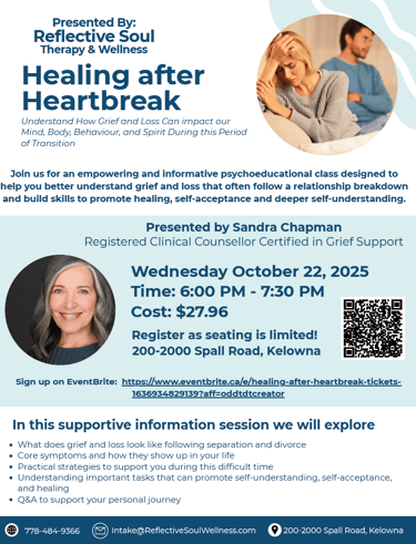 Flyer advertising a supportive group session about how to heal when facing divorce and separation.  