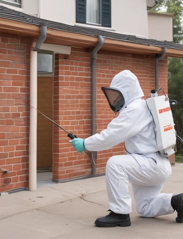 A person wearing a yellow raincoat, protective pants, and a mask is engaged in street cleaning. They are pushing a green trash bin while holding a broom. The scene takes place on a wet pavement in front of a light-colored building with arched windows and a tiled roof. Leafless trees and a street lamp are also visible in the background.