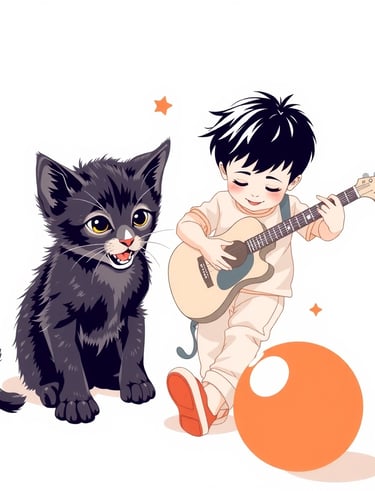 a boy playing guitar and a cat
