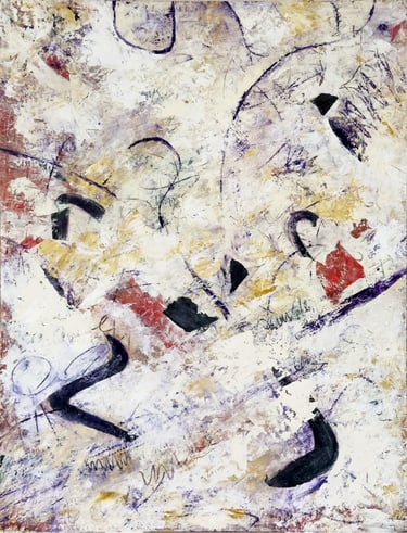 non-objective painting in white with strong accents of red and black