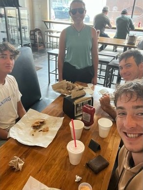 Dylan Frazier, JW Johnson, Jorja Johnson, Gabe Tardio enjoying some lunch