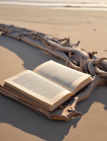 An open book on a beach towel, representing knowledge and exploration.