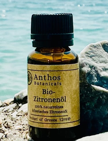 a bottle of bio lemon essential oil