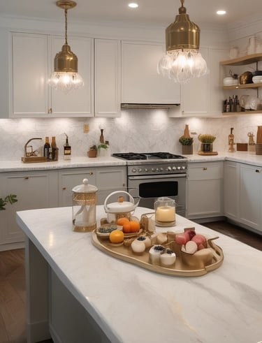A tabletop display features various handmade and organic products, including garlic bulbs in baskets, loofah soaps, woven baskets, and natural packaging. The setting is bright with natural light coming through nearby windows.