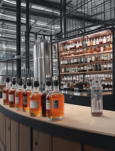 A series of shelves stocked with various bottles of alcoholic beverages, primarily featuring different types of liquor such as whiskey, vodka, and rum. The shelves are illuminated with a warm yellow light, creating an inviting ambiance. The arrangement of the bottles is neat and organized, with some sections having a repeating pattern of the same bottle.