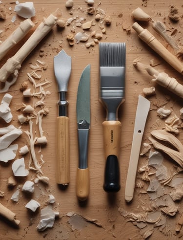 A person is engaged in woodworking, holding a carving tool to shape the surface of a wooden piece. The setting appears to be outdoors, with a tree in the background and a blanket or cloth nearby. The person is focused on their craft.