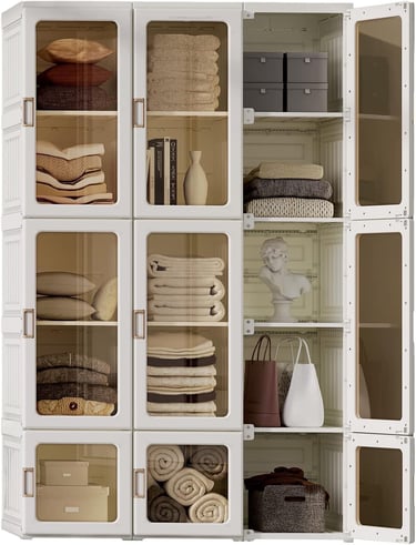 a cabinet with many towels and towels on it