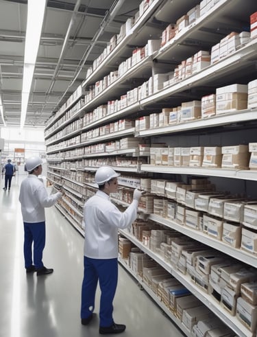 Several people are standing at a pharmacy counter with a selection of medications displayed behind a clear glass partition. The store has a modern design with bright lighting and digital displays showing numbers above each counter.