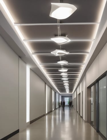 Abstract architectural design featuring reflective glass surfaces with curved yellow lighting accents. Vertical lines from support pillars intersect with curved light patterns, creating a modern and artistic visual. The interior appears sophisticated, with a mix of metallic and glass elements adding depth through reflections.