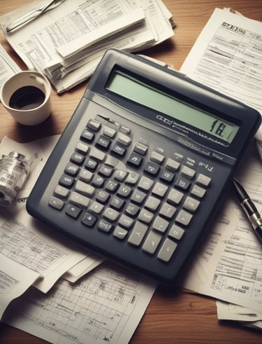 The scene includes a dimly lit workspace with a focus on tax-related documents, a pen, and a mug. The documents are prominently featured on the table, indicating a financial or tax preparation setting.