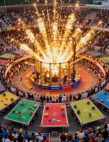 Dynamic scene of artists performing on stage with colorful lights and enthusiastic audience.