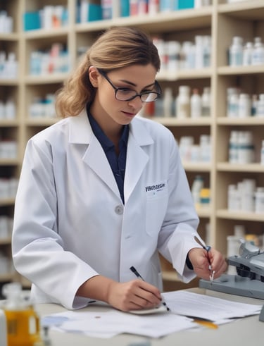 a woman in a lab coat and glasses is writing on a paper
