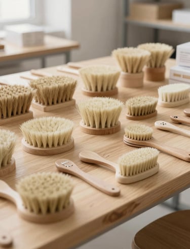 Artisan selecting premium horsehair and goat hair for handmade brushes in a bright studio.
