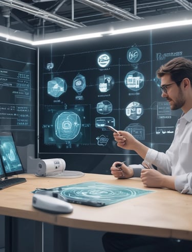 A robot with a humanoid shape and bright blue lights for eyes stands on a wooden surface. It is mainly white with black accents and is connected with various wires. Several small robotic vehicles with electronic components are visible in the background.