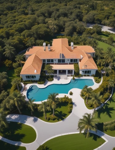 An aerial view of a modern architectural estate, featuring multiple buildings with green rooftops and a central courtyard. The estate is surrounded by lush greenery and palm trees, and the pathways are neatly arranged. There are manicured lawns and landscaped gardens throughout the property.