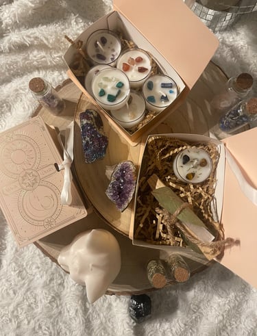 a box of candles and candles on a table