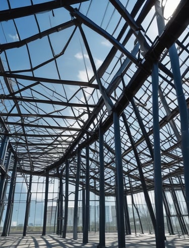 A steel structure with large, grid-like windows reaches up towards the sky, flanked by two tower-like elements. Overhead, tree branches with leaves partially obscure the view, adding a natural contrast to the industrial feel of the metal framework.