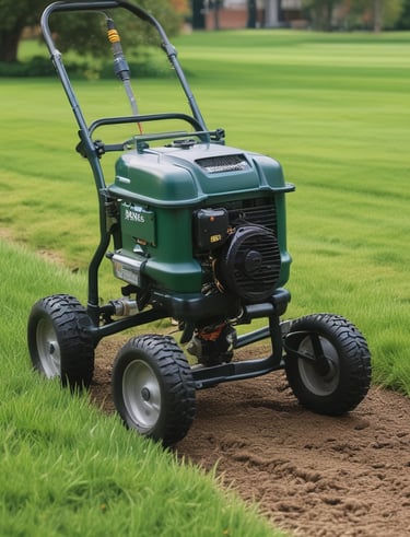 A collection of tools used for landscaping, set against a backdrop of a freshly manicured lawn.