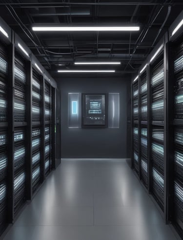 A hand holding a thermal scanner is pointed towards a rack of computer servers. The servers are illuminated with blue LED lights, giving a technological and futuristic feel.