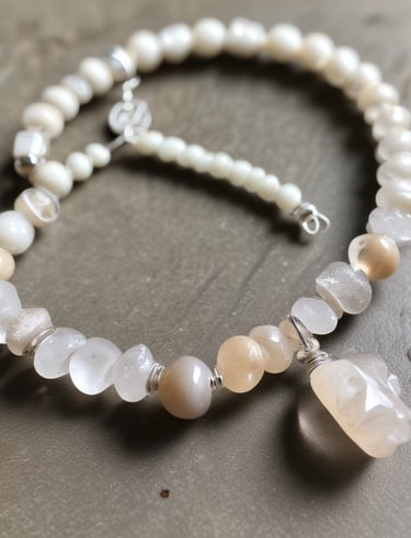 Display of finished handmade jewelry pieces featuring colorful natural stones.