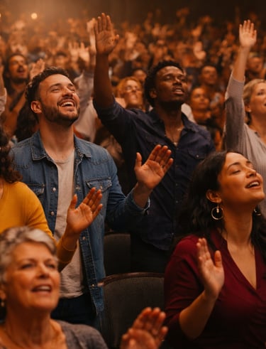 Crowd in worship and praise to God