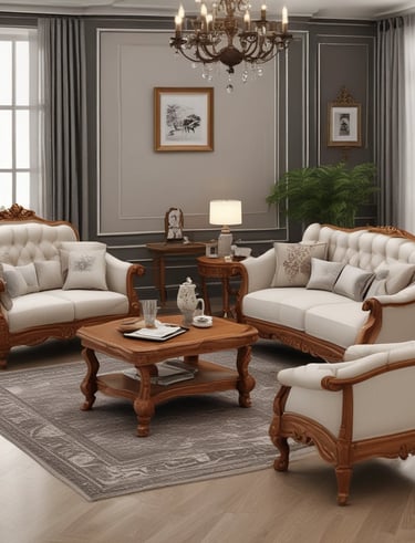 A modern apartment living room featuring stylish wooden furniture and accents.