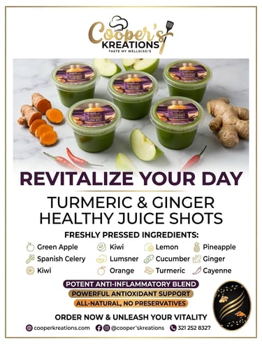Cooper's Kreations turmeric and ginger healthy juice shots with fresh green apple and spices.