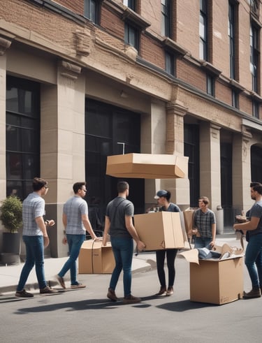 Happy family unpacking boxes together in their new home.