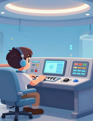 Close-up of a high-tech control panel with glowing buttons and screens.