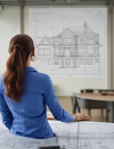 Close-up of hands holding architectural plans with orange and blue highlights.