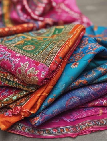 Tailor’s workspace with sewing machine and traditional Indian fabrics laid out, no faces visible.