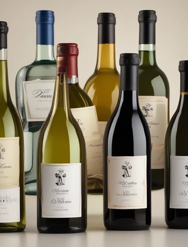 Selection of wines including white, red, and sparkling bottles on a wooden shelf.