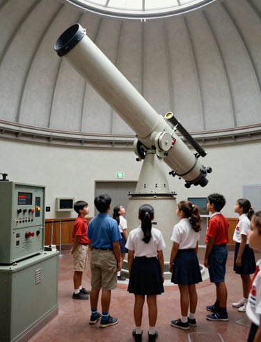 Children looking up in awe at a colorful projection of the solar system inside the planetarium.