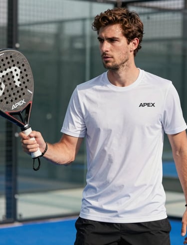Smiling group of padel players holding apex gear after an exciting match.