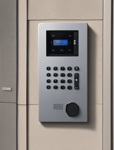 Smart access control panel mounted beside a secure glass door in a corporate lobby.