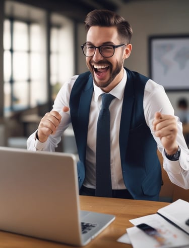 Smiling business owner reviewing recovered funds on a laptop.