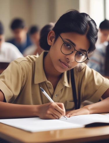 A close-up of a student confidently writing notes during a lesson.