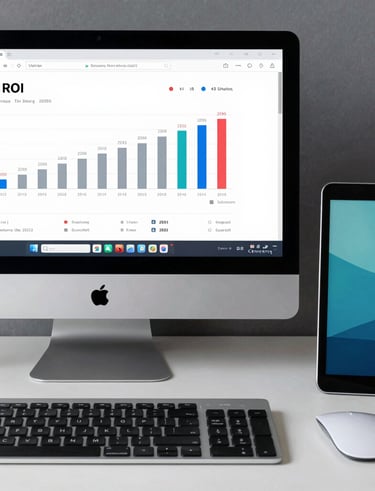 A modern workspace featuring dual monitors displaying SEO analytics and campaign performance charts.