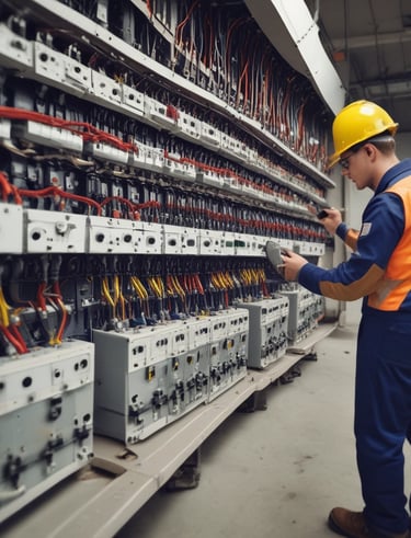 Technician installing electrical wiring in a modern building with dark and gold color scheme.