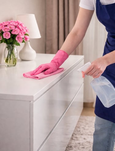 Professional cleaner disinfecting furniture surface with cloth and spray