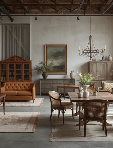 Industrial loft living room with rustic brick walls, leather sofa, and wooden dining set.
