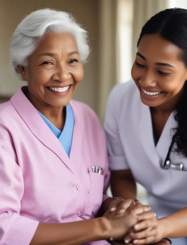 A caring Black nurse helping a senior woman with mobility exercises in a bright, modern home.
