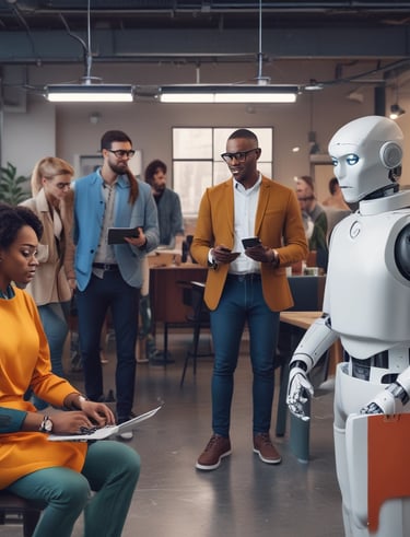 A team meeting in a dark-toned office, focused on a large screen showing AI-driven workflow charts.