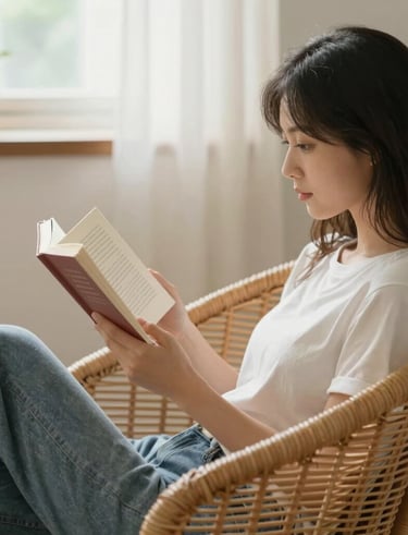 woman's manicured hands holding a book in a sunlit room.